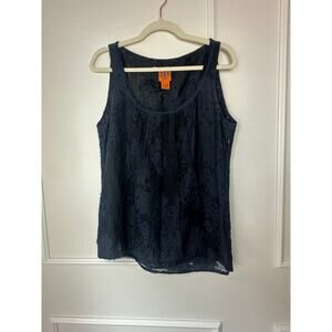 Tory Burch Navy Blue Silk Floral Textured Top Size 12